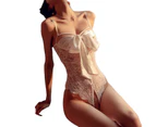 Self Knot Front Lingerie Mesh Floral Lace Deep V Neck Soft Hot Attractive Bodysuit For Honeymoon White Free Size