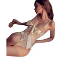 Self Knot Front Lingerie Mesh Floral Lace Deep V Neck Soft Hot Attractive Bodysuit For Honeymoon White Free Size