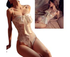 Self Knot Front Lingerie Mesh Floral Lace Deep V Neck Soft Hot Attractive Bodysuit For Honeymoon White Free Size