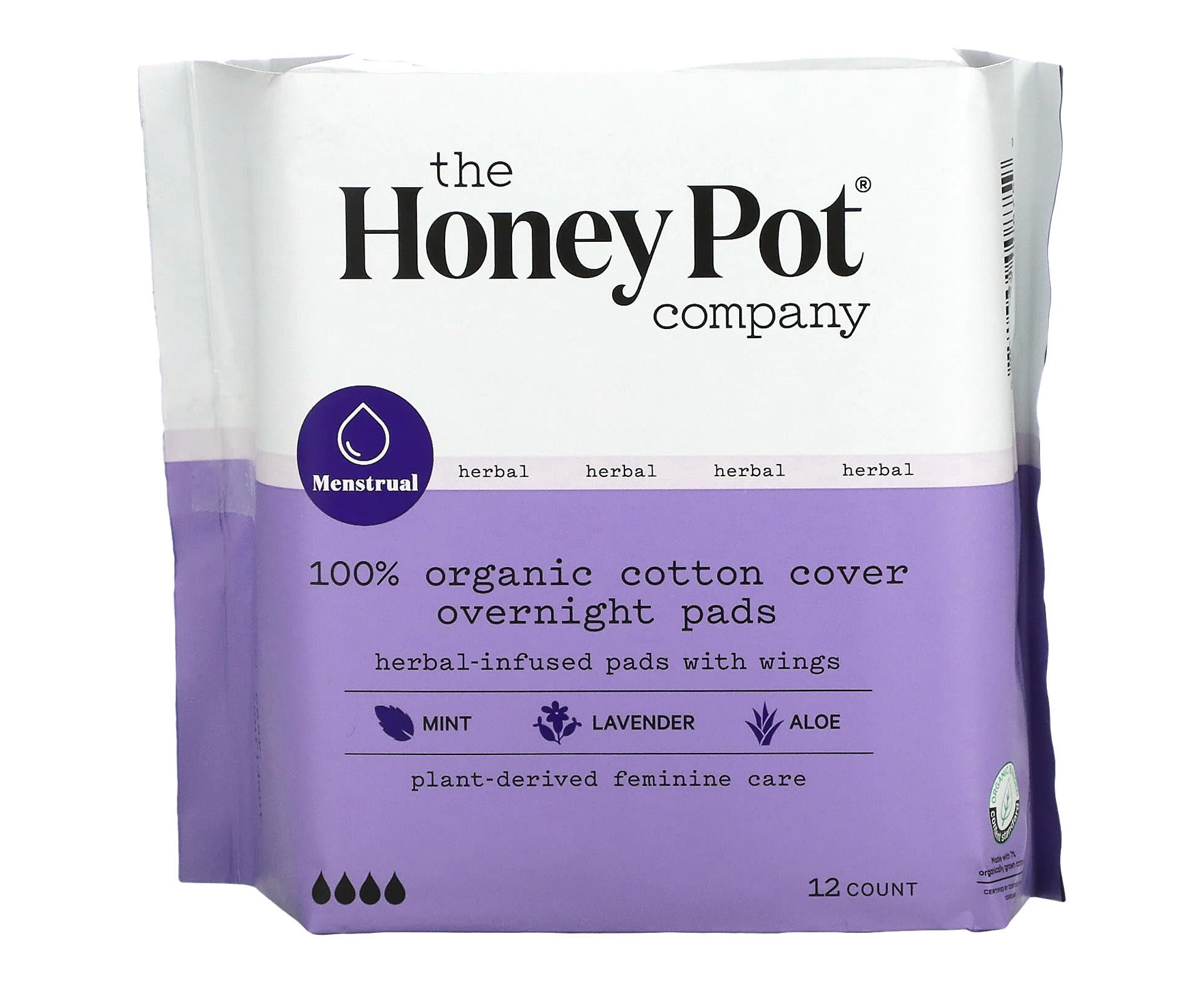 The Honey Pot Company, Organic Herbal-Infused Pads with Wings, Overnight, 12 Count