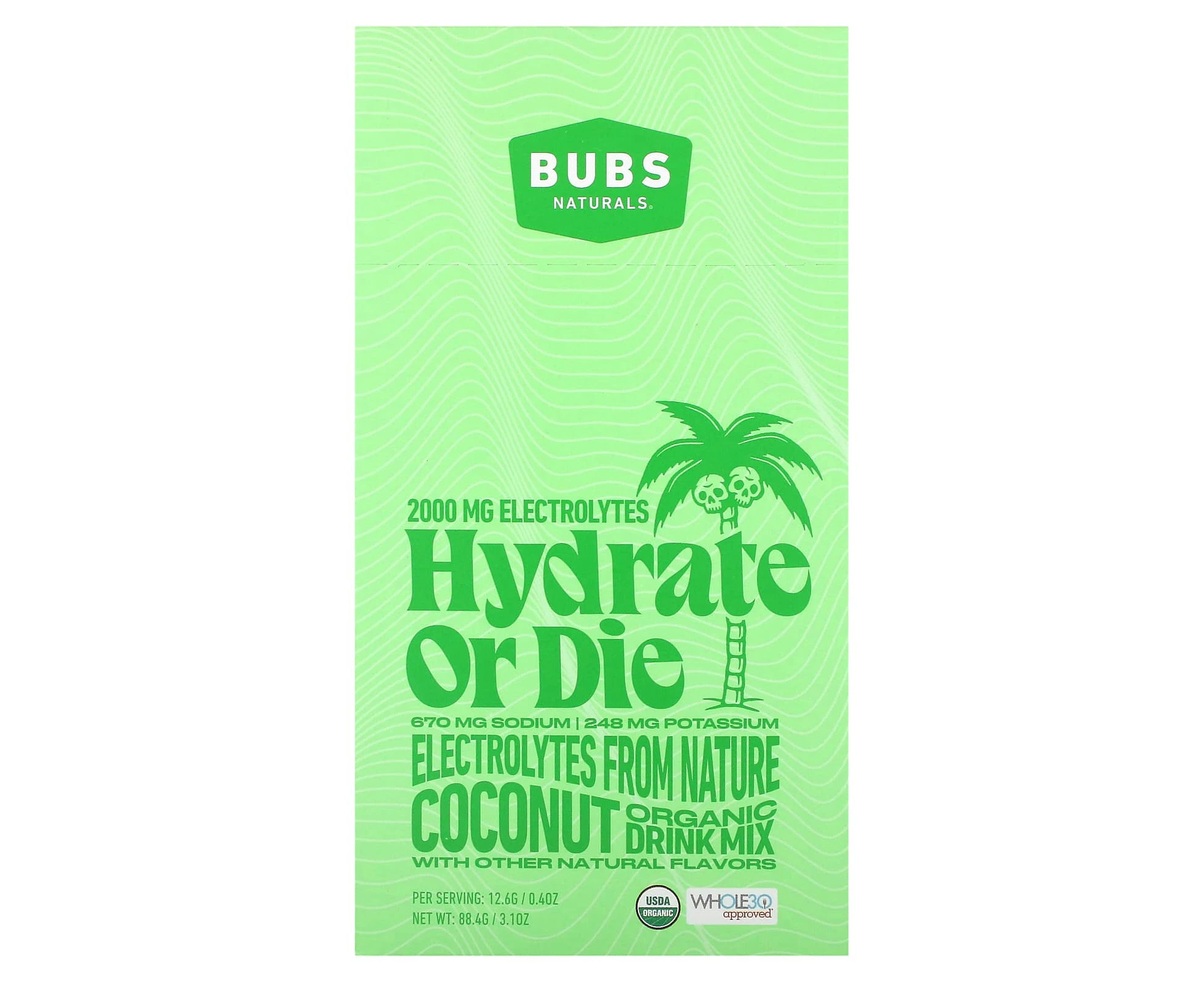 BUBS Naturals, Hydrate or Die, Organic Electrolyte Drink Mix, Coconut , 7 Sticks, 0.4 oz (12.6 g) Each