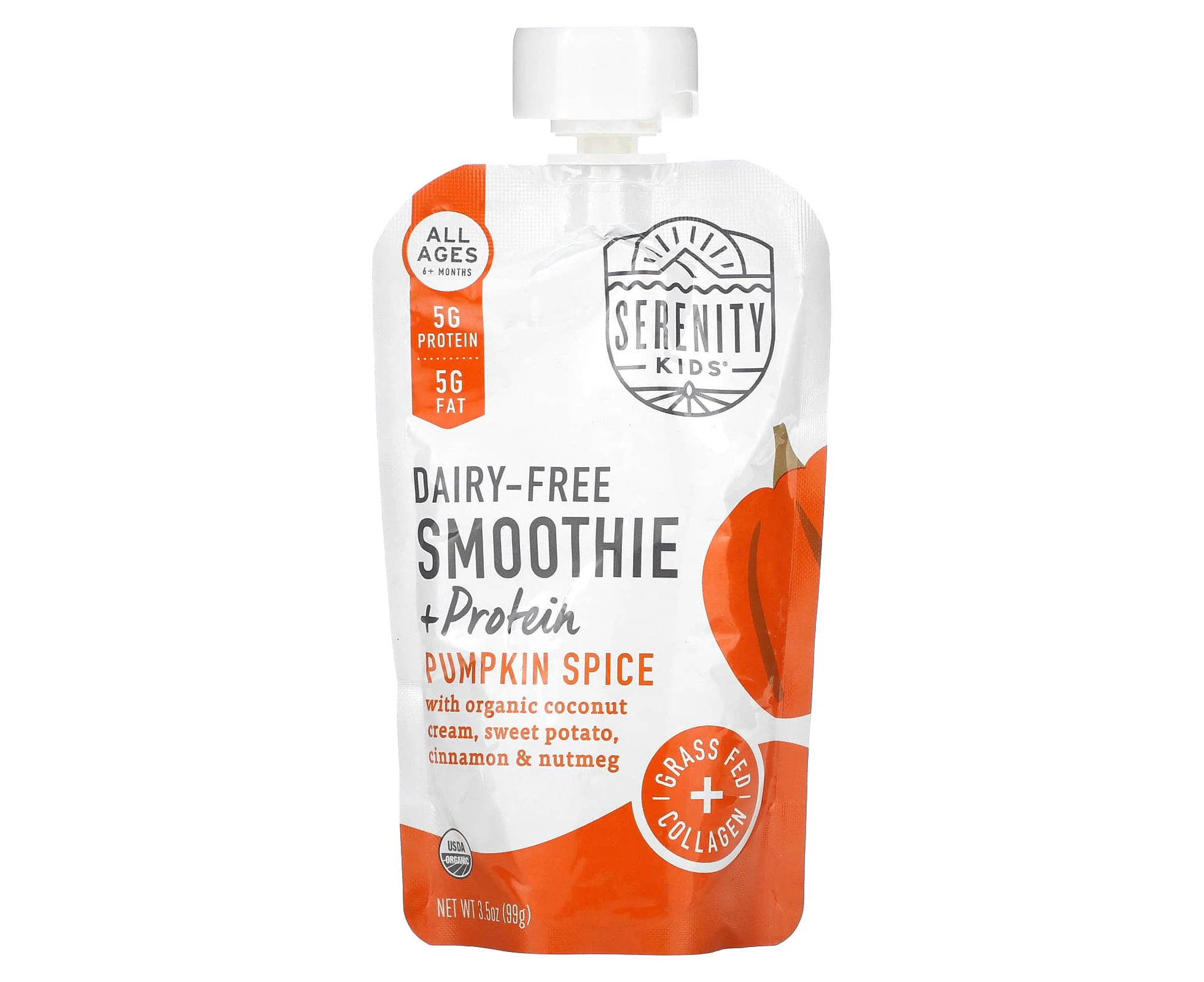 Serenity Kids, Dairy-Free Smoothie + Protein, All Ages 6+ Months, Pumpkin Spice, 3.5 oz (99 g)