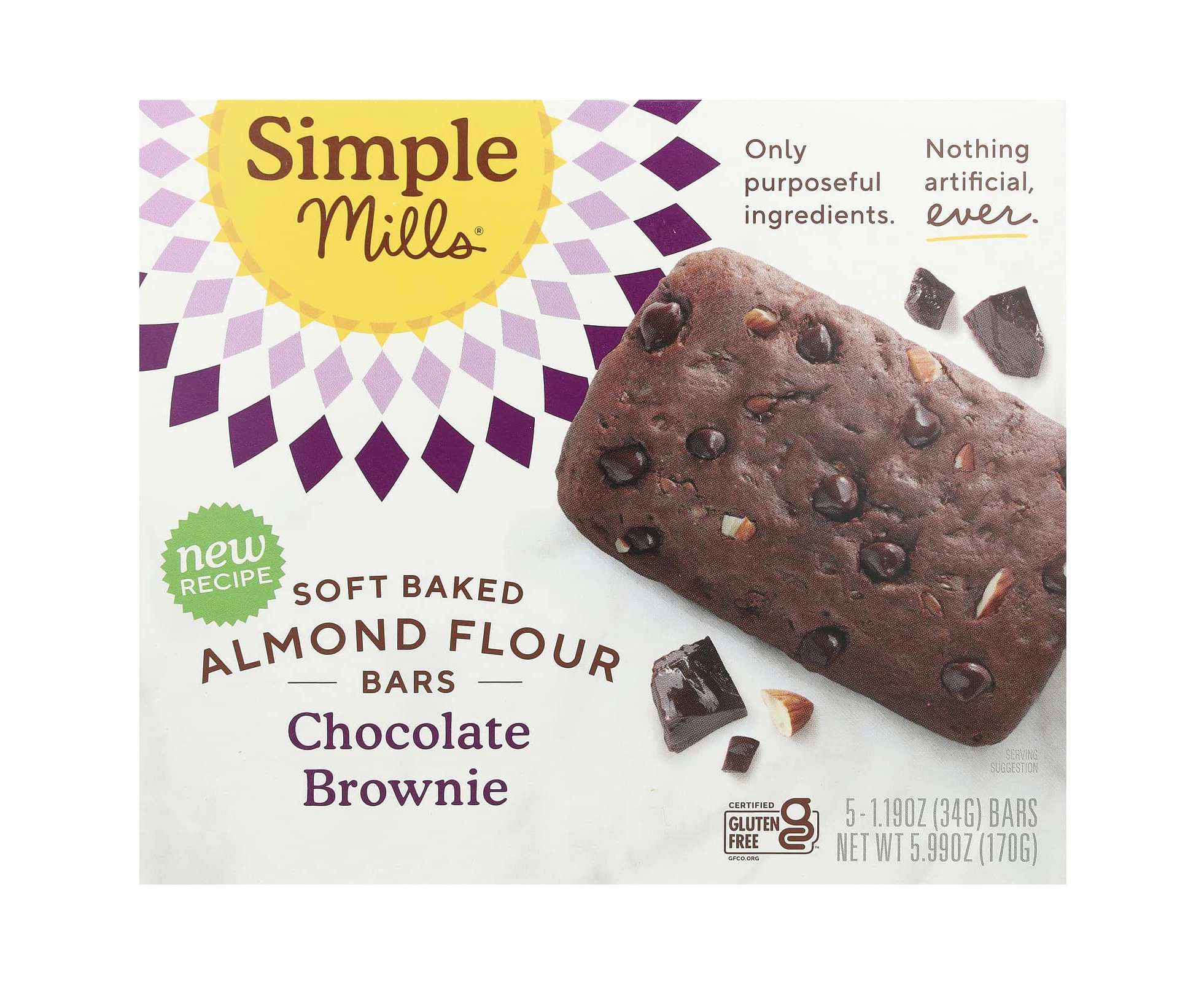 Simple Mills, Soft Baked Almond Flour Bars, Chocolate Brownie, 5 Bars, 1.19 oz (34 g) Each