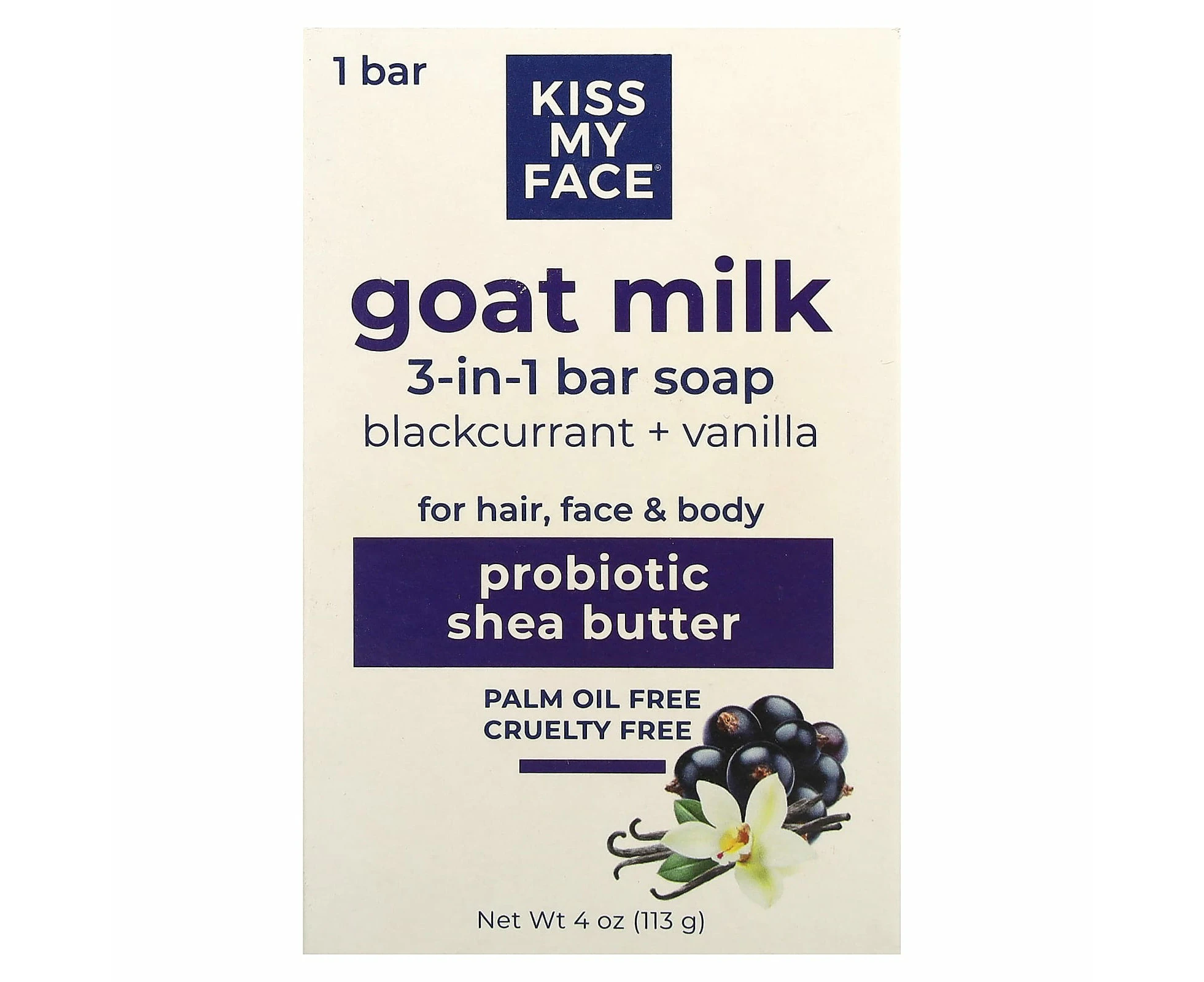 Kiss My Face, Goat Milk 3-in-1 Bar Soap, Blackcurrant + Vanilla, 1 Bar, 4 oz (113 g)