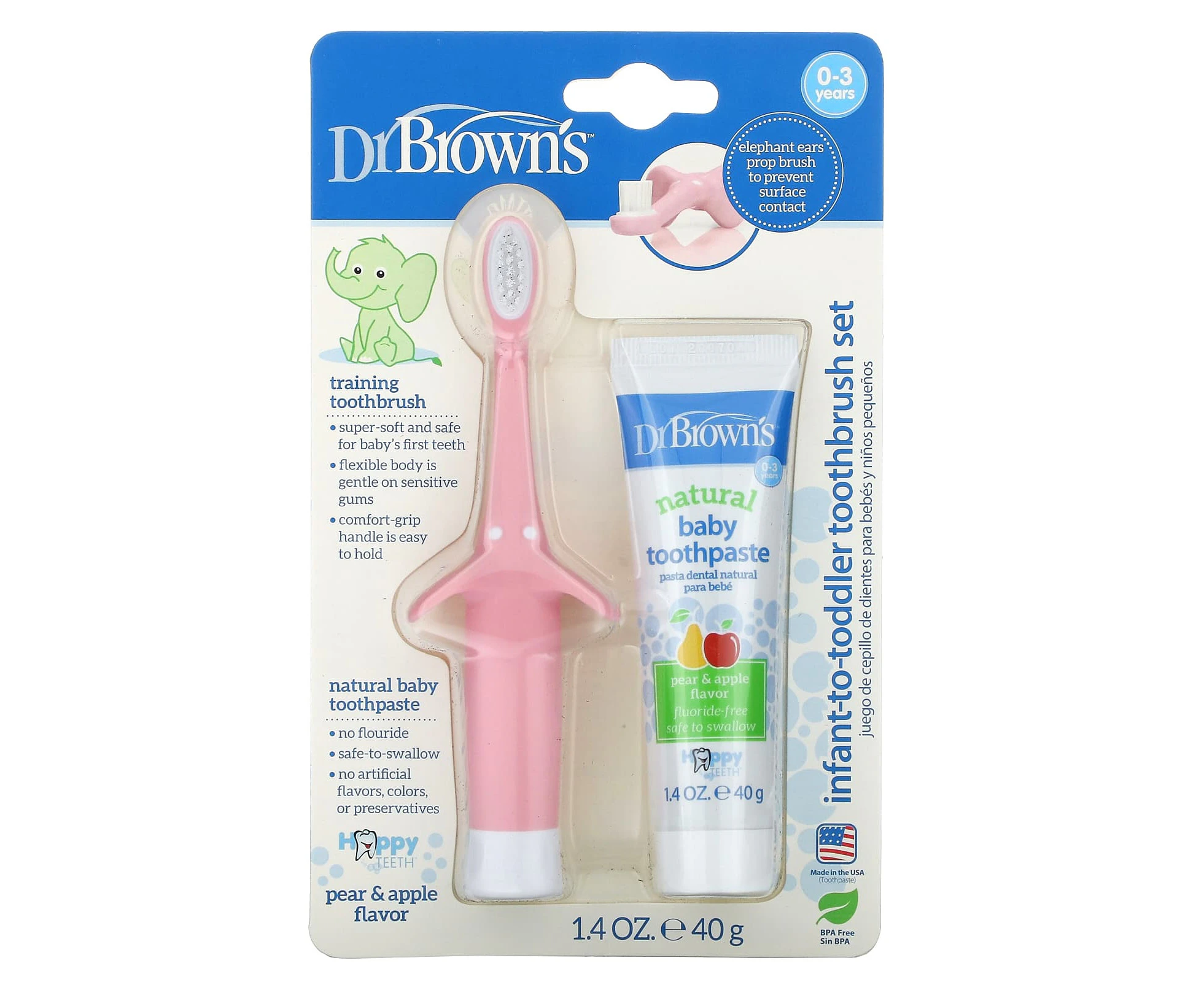 Dr. Brown's, Infant to Toddler Toothbrush Set, 0-3 Years, Pear & Apple, Pink, 1.4 oz (40 g)