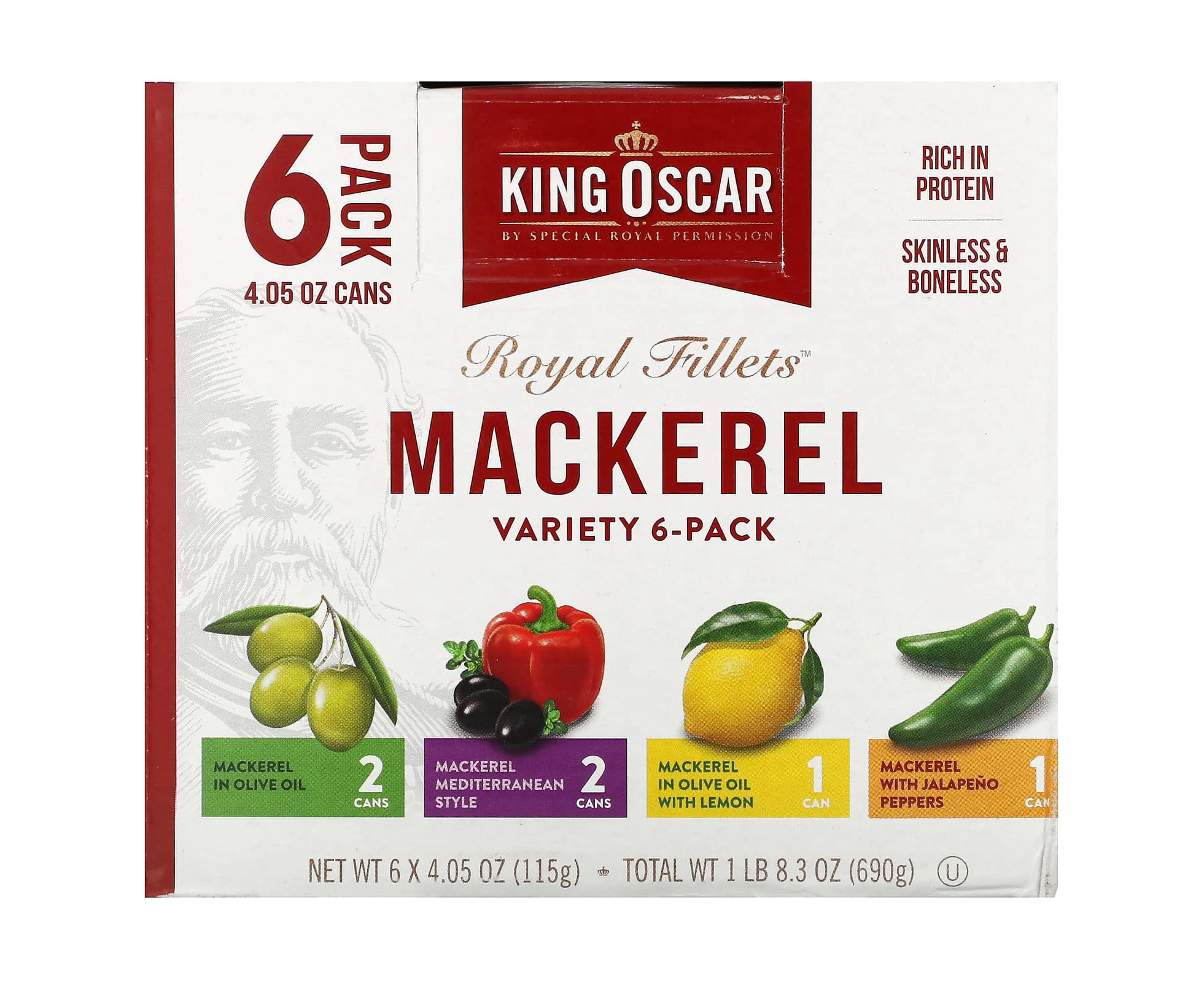 King Oscar, Royal Fillets, Mackerel, Variety 6-Pack, 6 Cans, 4.05 oz (115 g) Each