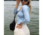 Long Sleeve Tie Front Outwear Women Elegant Slim Fit Plain Color Rib Knit Open Front Outwear Top For Dating Blue Xl