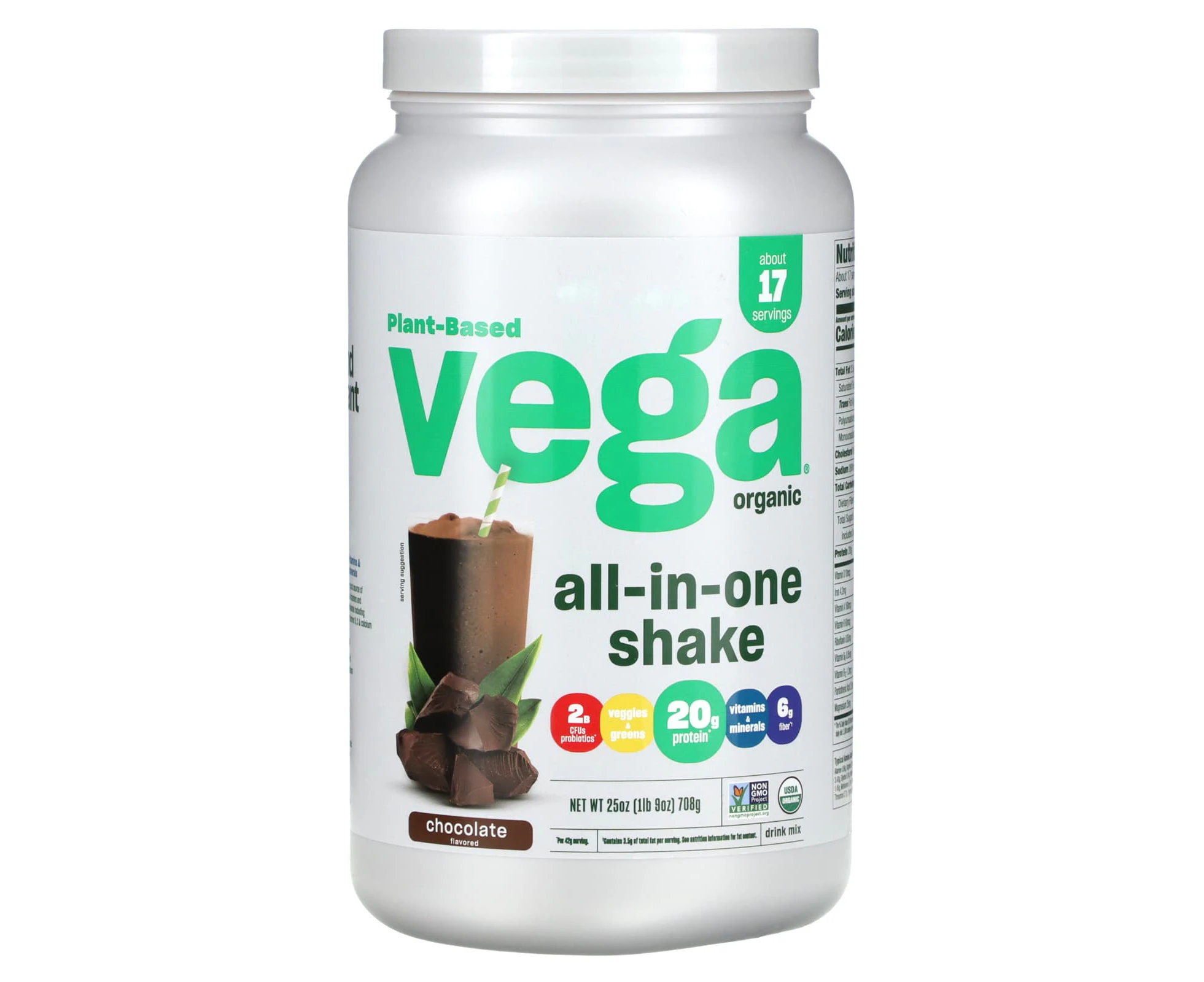 Vega, Plant-Based, Organic All-In-One Shake, Chocolate, 1 lbs (708 g)