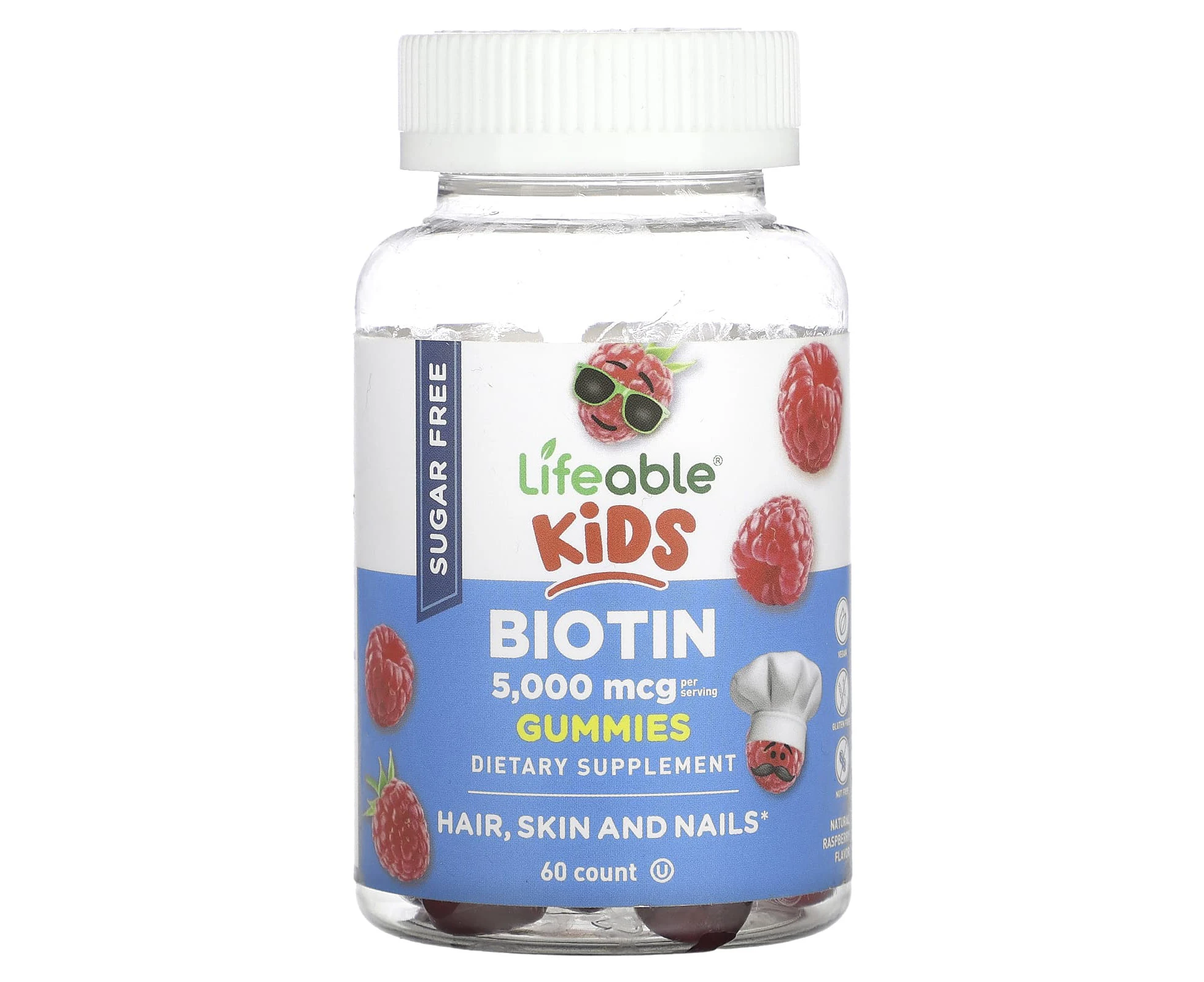 Lifeable, Kids Biotin Gummies, Sugar Free, Natural Raspberry, 5,000 mcg, 60 Gummies (2,500 mcg per Gummy)