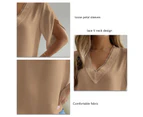 Petal Sleeve Blouse Top Guipure Lace V Neck Petal Short Sleeve Blouse For Summer Spring Light Tan S