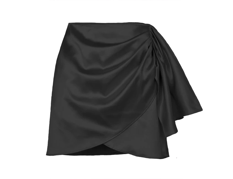 High Waist Ruched Skirt Women Elegant Pure Color Satin Back Zipper Wrap Hem Skirt For Cocktail Party Black L