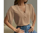 Petal Sleeve Blouse Top Guipure Lace V Neck Petal Short Sleeve Blouse For Summer Spring Light Tan S