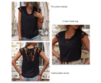 Women V Neck Top Lace Splicing Backless Strap Closure Short Sleeves Summer Casual T Shirt Black S