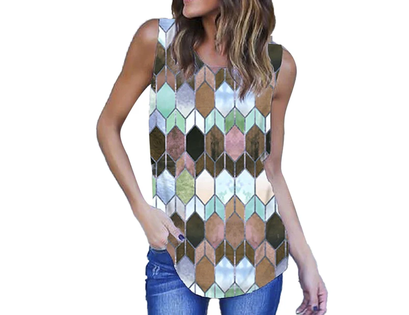 Sleeveless Round Neck Tank Top Geometric Color Blocking Print Loose Casual Top For Summer Blue S