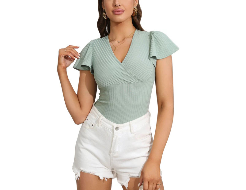 Women Knitted Short Sleeve Top Cross Wrap V Neck Slim Solid Color Ruffle T Shirt Mint Green Xl