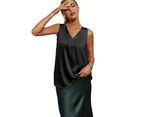 Women Satin Tank Top V Neck Loose Fitting Pure Color Summer Sleeveless Vest For Daily Wear Black Xl