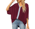 3/4 Sleeve Chiffon Shirt V Neck Printed Oversized Loose Fit Blouse T Shirt For Women Summer Burgundy L