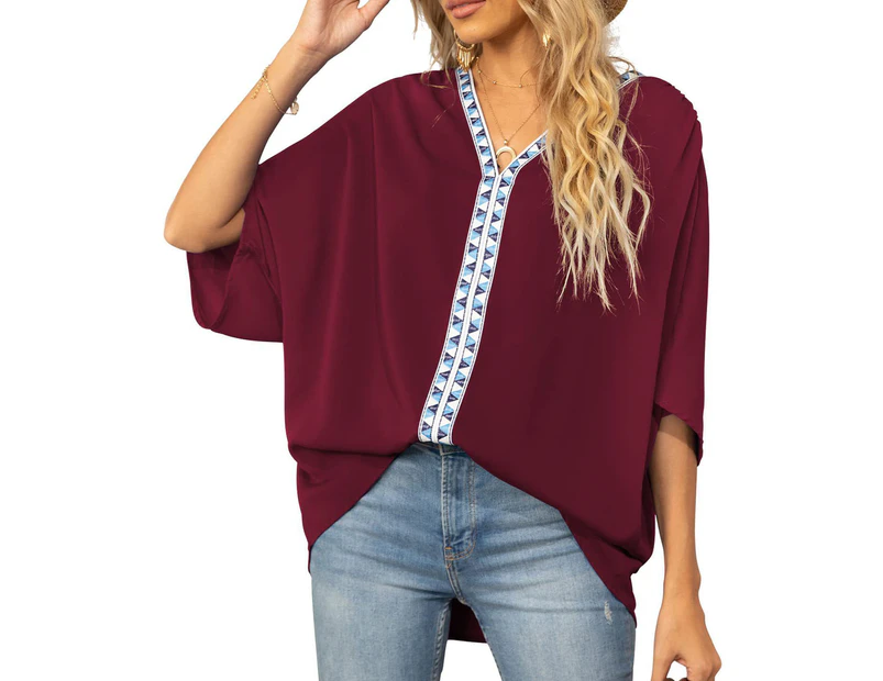 3/4 Sleeve Chiffon Shirt V Neck Printed Oversized Loose Fit Blouse T Shirt For Women Summer Burgundy L