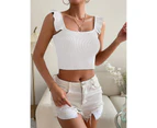 Ruffle Strap Tank Top Short Navel Exposed Slim Ribbed Ruffle Sleeveless Tank For Women Female Summer White S