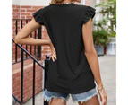 Women Summer Top Casual Short Flutter Sleeve Eyelet V Neck Cut Out Lace Blouse For Women Ladies Black M