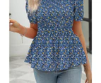 Shirred Floral Blouse Pattern Short Sleeved Fashionable Shirred Blouse Top For Women Lady Girl Blue Xl