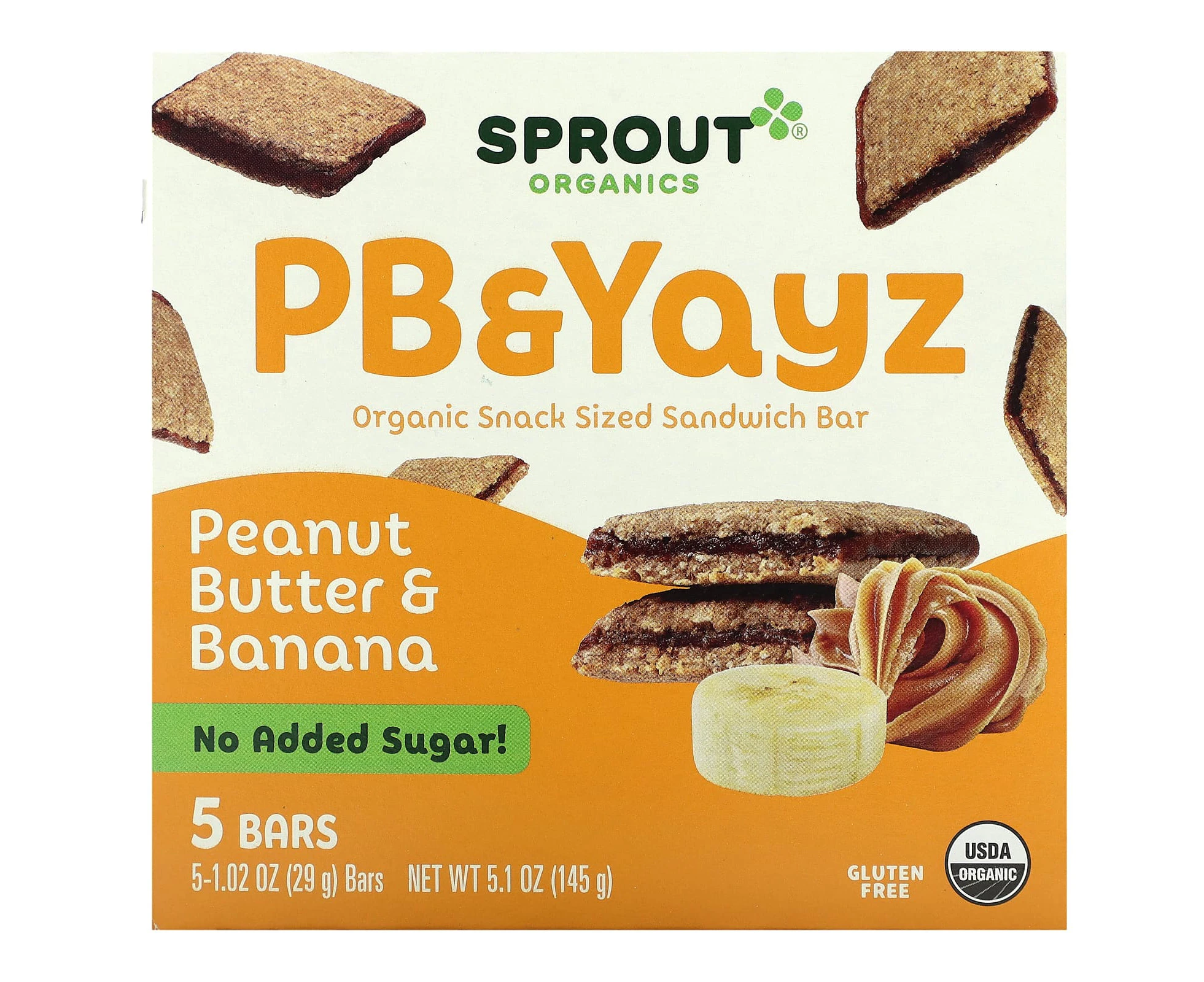 Sprout Organics, PB & Yayz, Organic Snack Sized Sandwich Bar, Peanut Butter & Banana, 5 Bars, 1.02 oz (29 g) Each