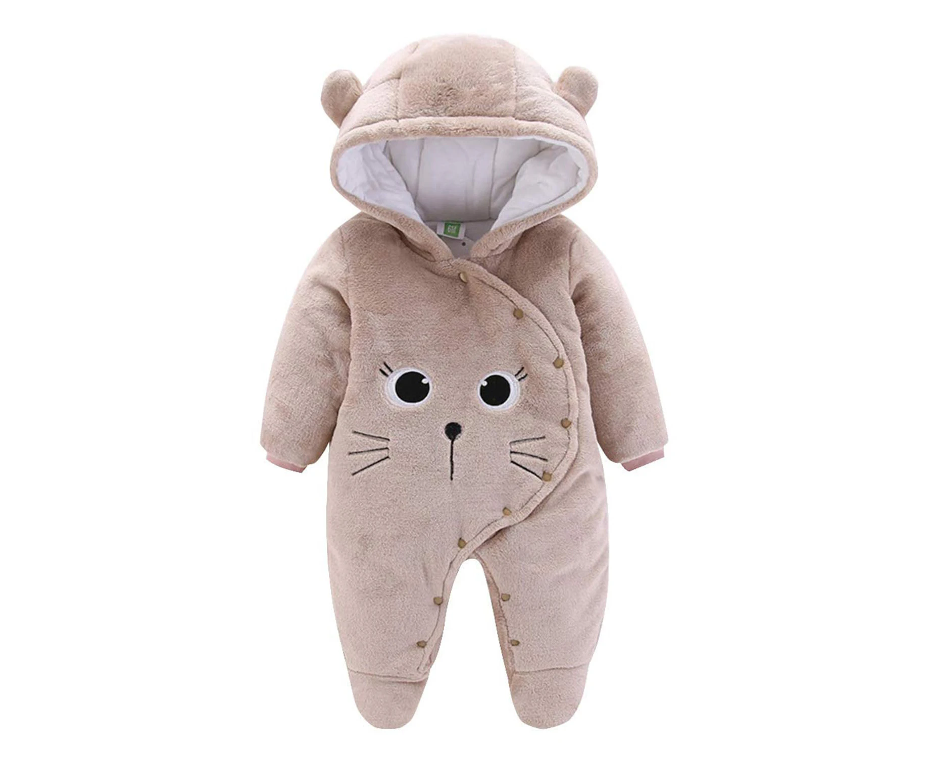 Baby Jumpsuit Baby Romper Flannel Winter Romper Suit With Feet Hood Cartoon, Khaki 0-3 Months