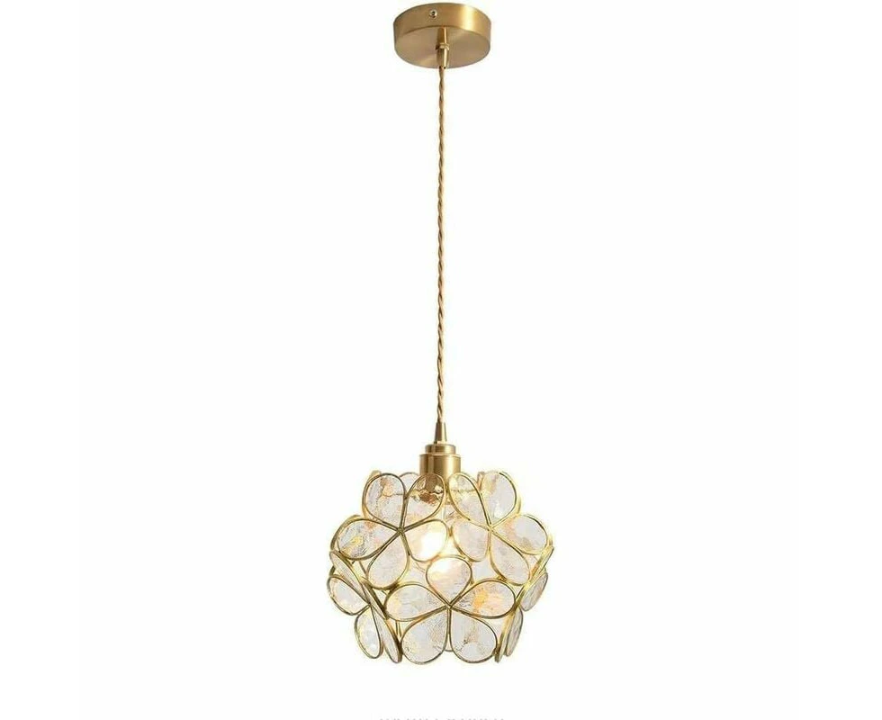 Nordic Petal Shape Pendant Lamp Hand Blown Glass and Brass Hanging Lamp Single Head E27 Ceiling Light Fixture Restaurant Children's Room (Clear)