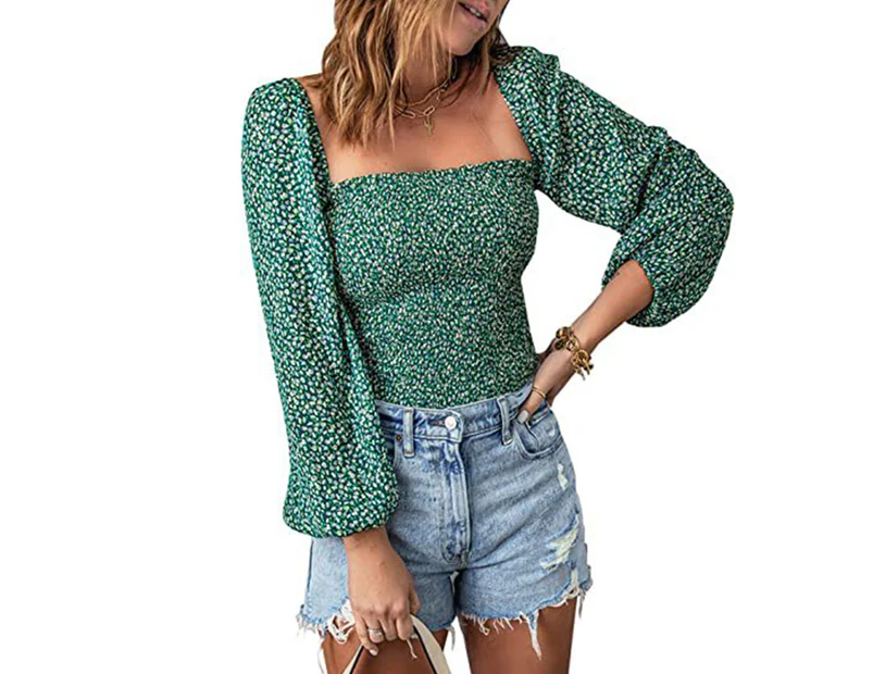 Women Floral Printed Top Casual Shirred Puff Long Sleeve Blouse Women Ruched Bust Shirred Waist Top Green Xxl