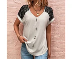 Women Summer Top Casual Loose Short Lace Sleeve V Neck Button Splicing T Shirt For Ladies Girls White Xxl