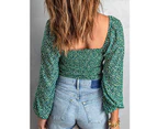 Women Floral Printed Top Casual Shirred Puff Long Sleeve Blouse Women Ruched Bust Shirred Waist Top Green Xxl