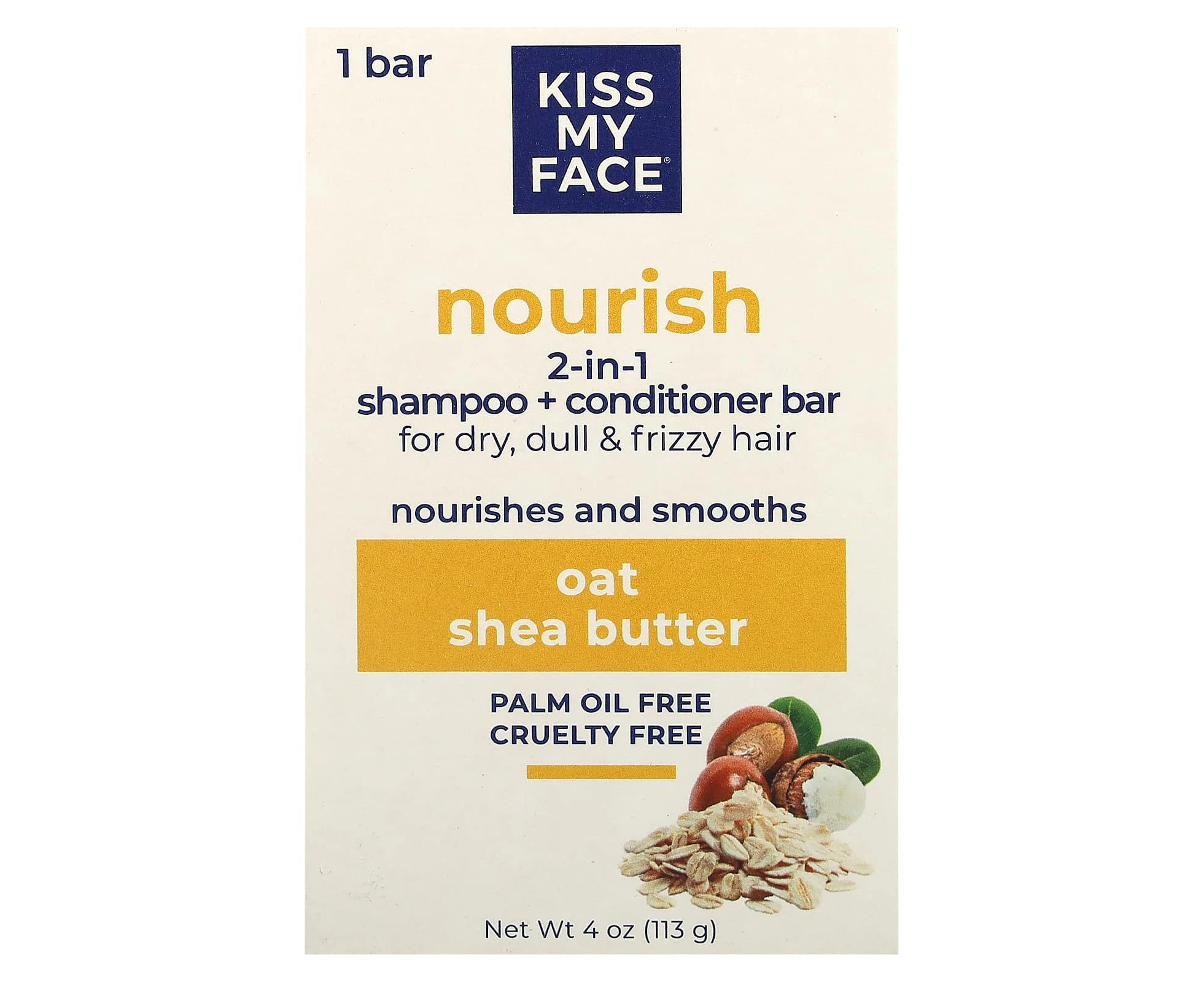 Kiss My Face, Nourish 2-in-1 Shampoo + Conditioner Bar, For Dry, Dull & Frizzy Hair, Oat & Shea Butter, 1 Bar, 4 oz (113 g)