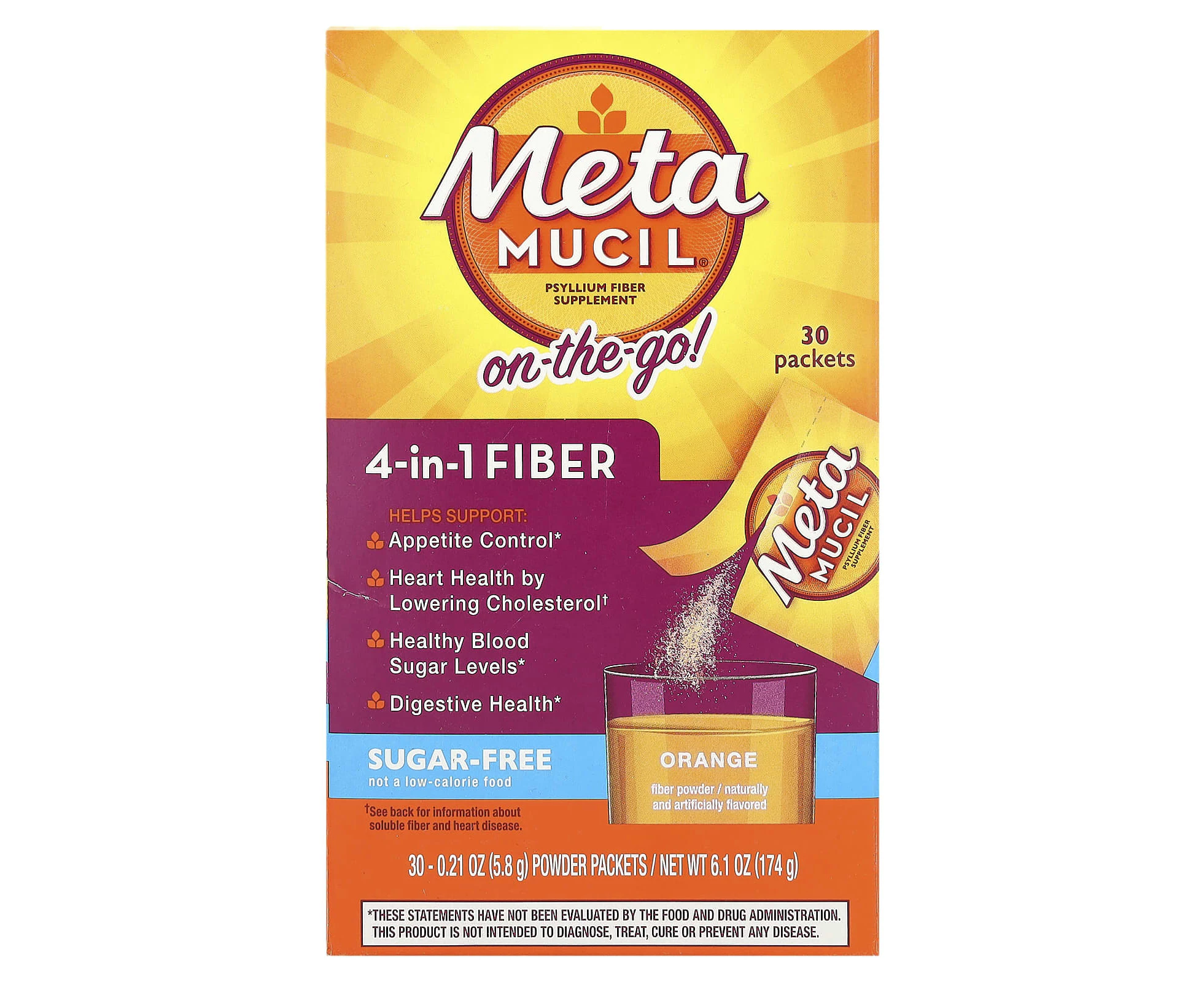 Metamucil, On-The-Go, 4-in-1 Fiber, Sugar-Free, Orange, 30 Powder Packets, 0.21 oz (5.8 g) Each