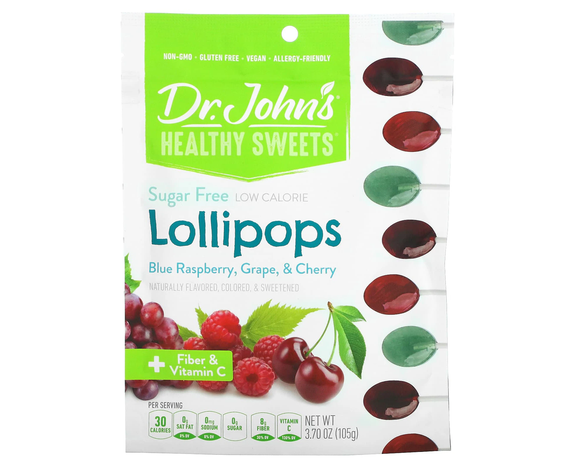 Dr. John's Healthy Sweets, Lollipops, + Fiber & Vitamin C, Blue Raspberry, Grape & Cherry, Sugar Free, 3.7 oz (105 g)