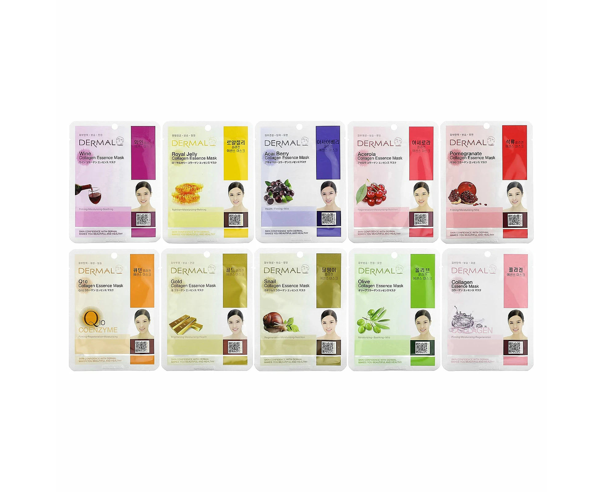 Dermal, Anti-Aging Collagen Essence Beauty Masks, Assorted, 10 Sheets, 0.81 oz (23 g) Each