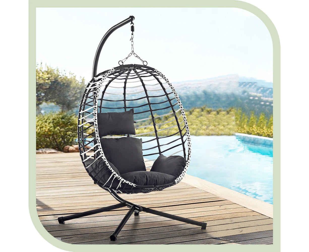 Groverdi Outdoor Hanging Egg Chair with Stand Patio Rattan Wicker Egg Swing Chair with Cushion Black