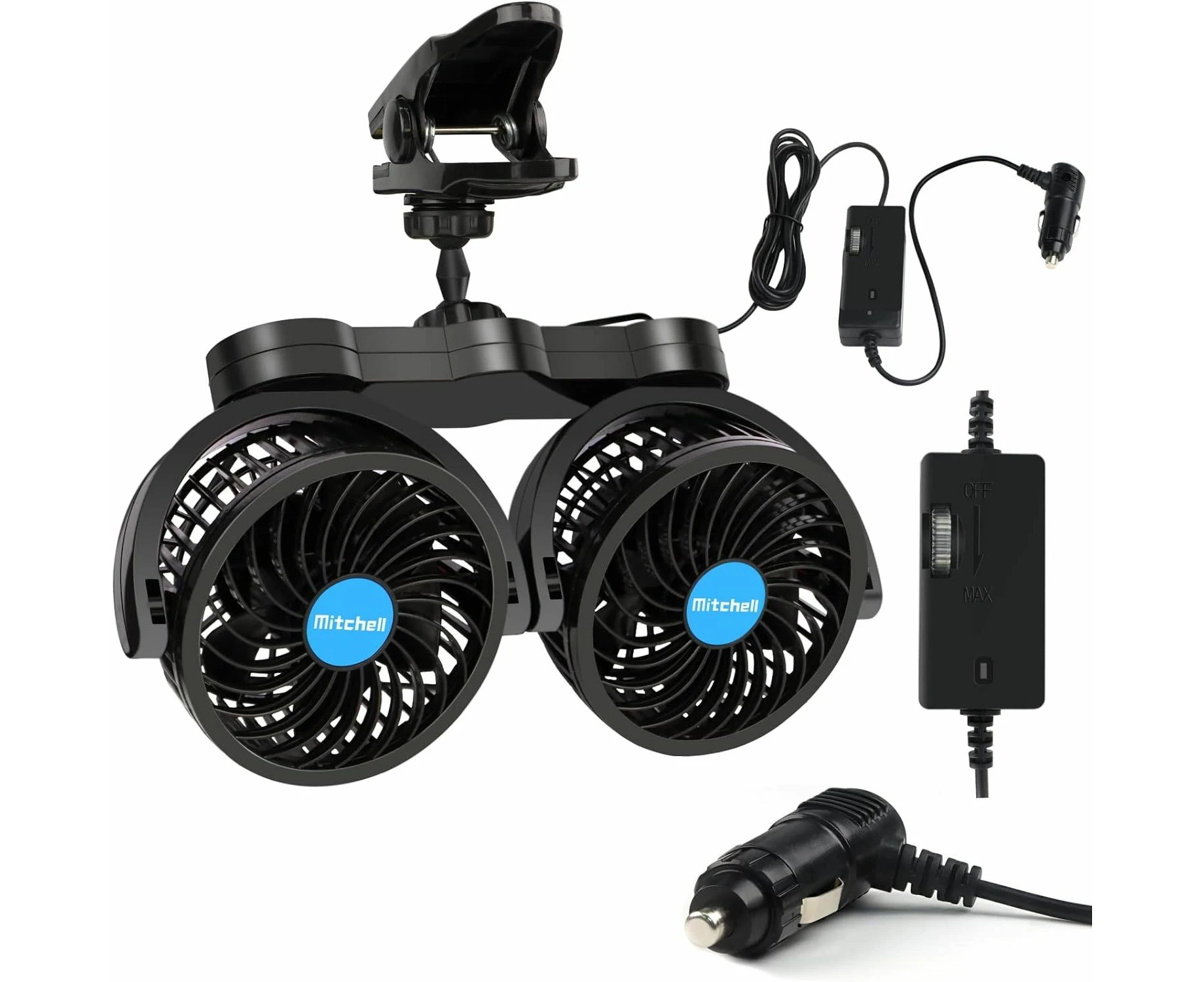 Car Fan 4 Inches Car Clip Fan, Adjustable Dual Head 12v Fan for Front or Rear Seat Passenger for Car Vehicle SUV, RV