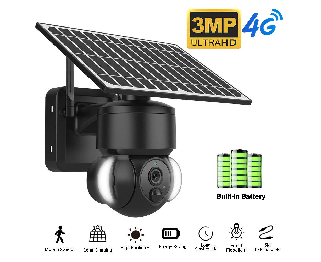 4G Solar Powered Spotlight Security Camera 3MP CCTV Outdoor PTZ Construction Site with SIM