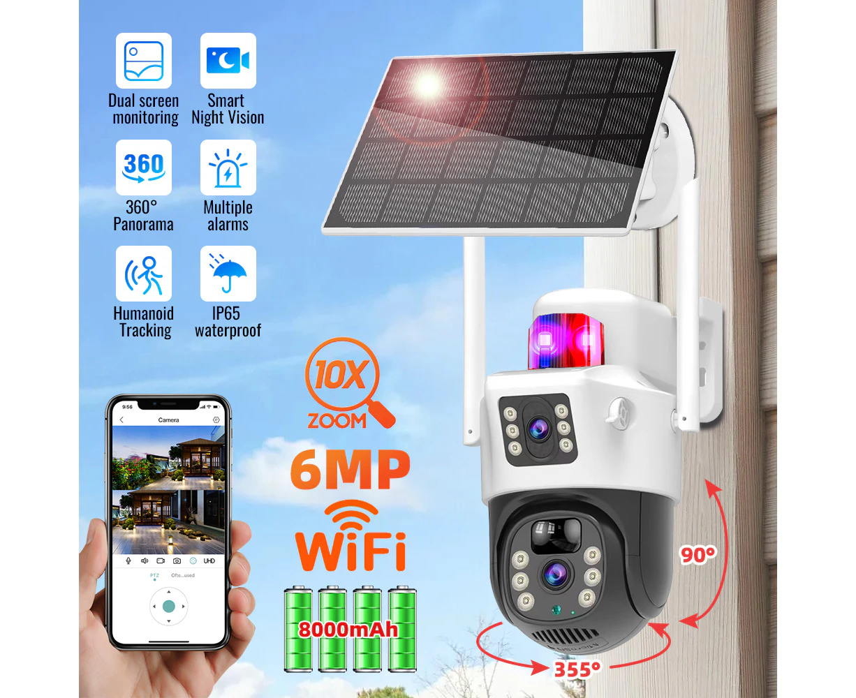 6MP Wireless 1080P Dual Lens Solar Security Camera 10X Zoom PTZ CCTV Cam Outdoor