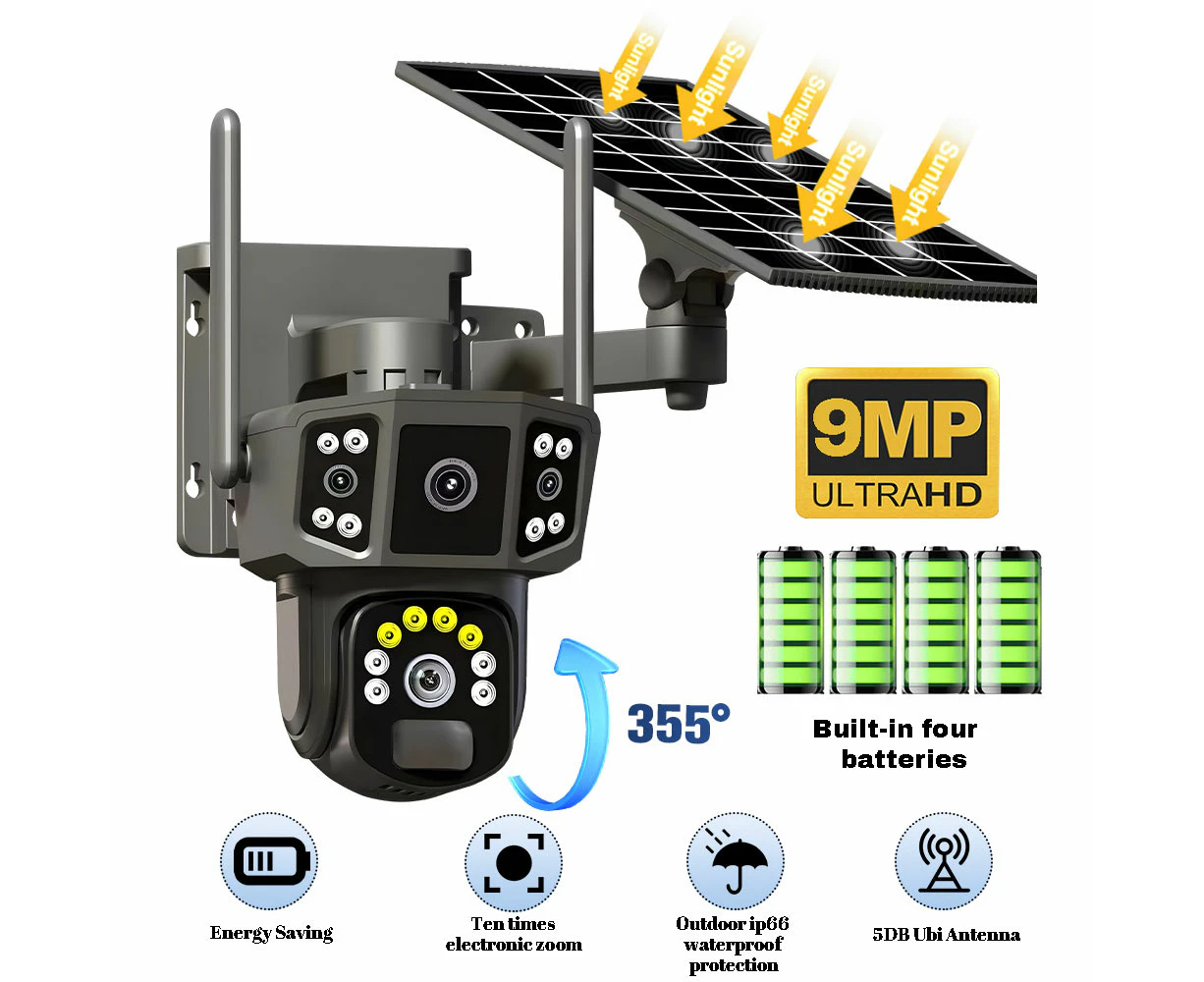 9MP Wireless Outdoor Solar Security Camera Auto-Tracking Dual Lens WIFI PTZ CCTV