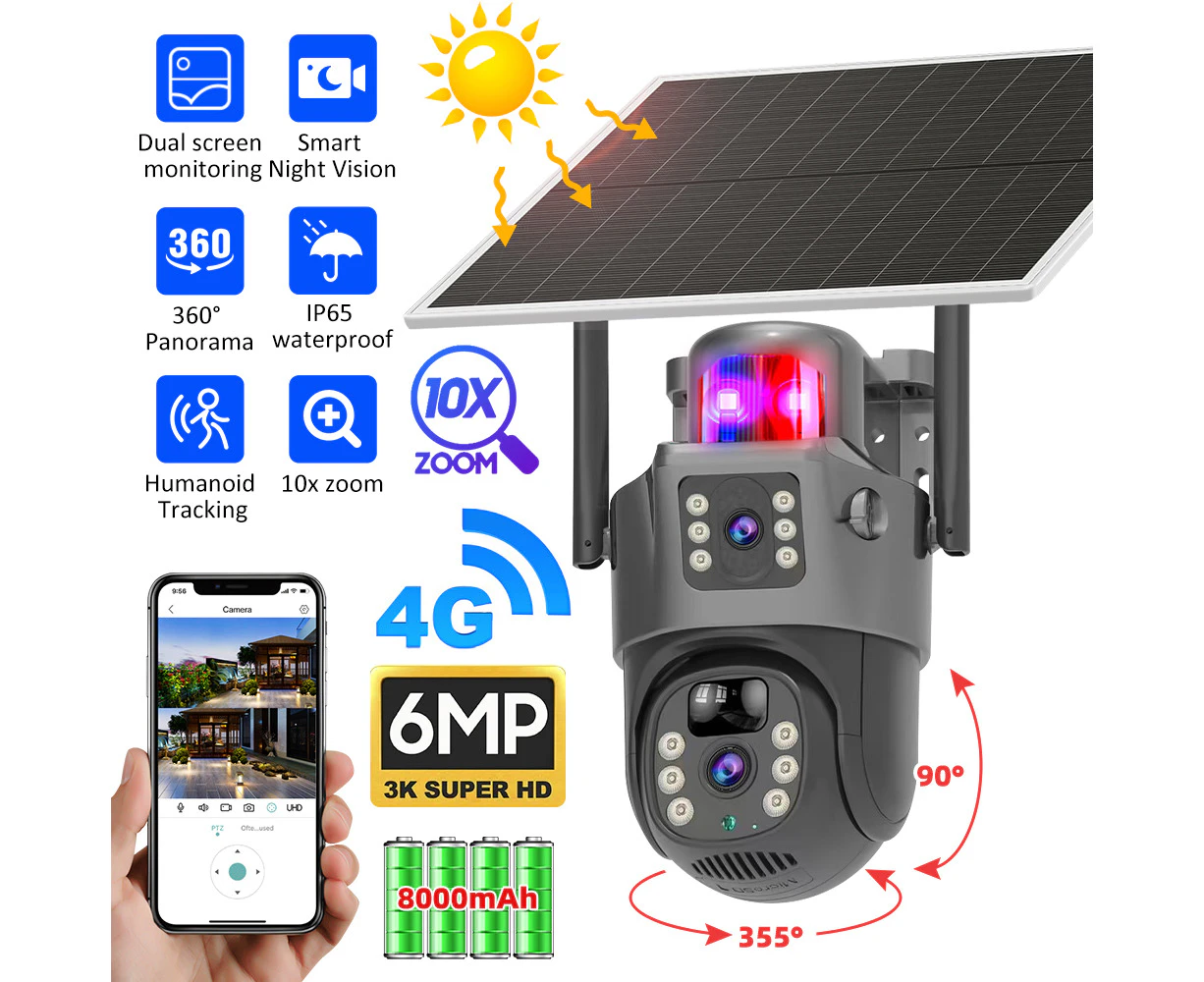 Wireless 4K 4G 6MP Dual Lens Solar Security Camera 10X Zoom PTZ CCTV Outdoor