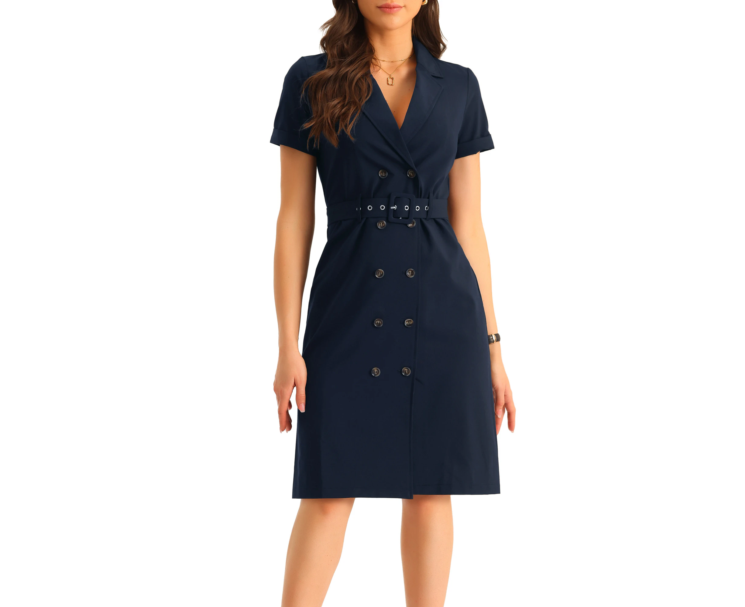 Allegra K Summer Short Sleeve Belted Work Blazer Dress Dark Blue