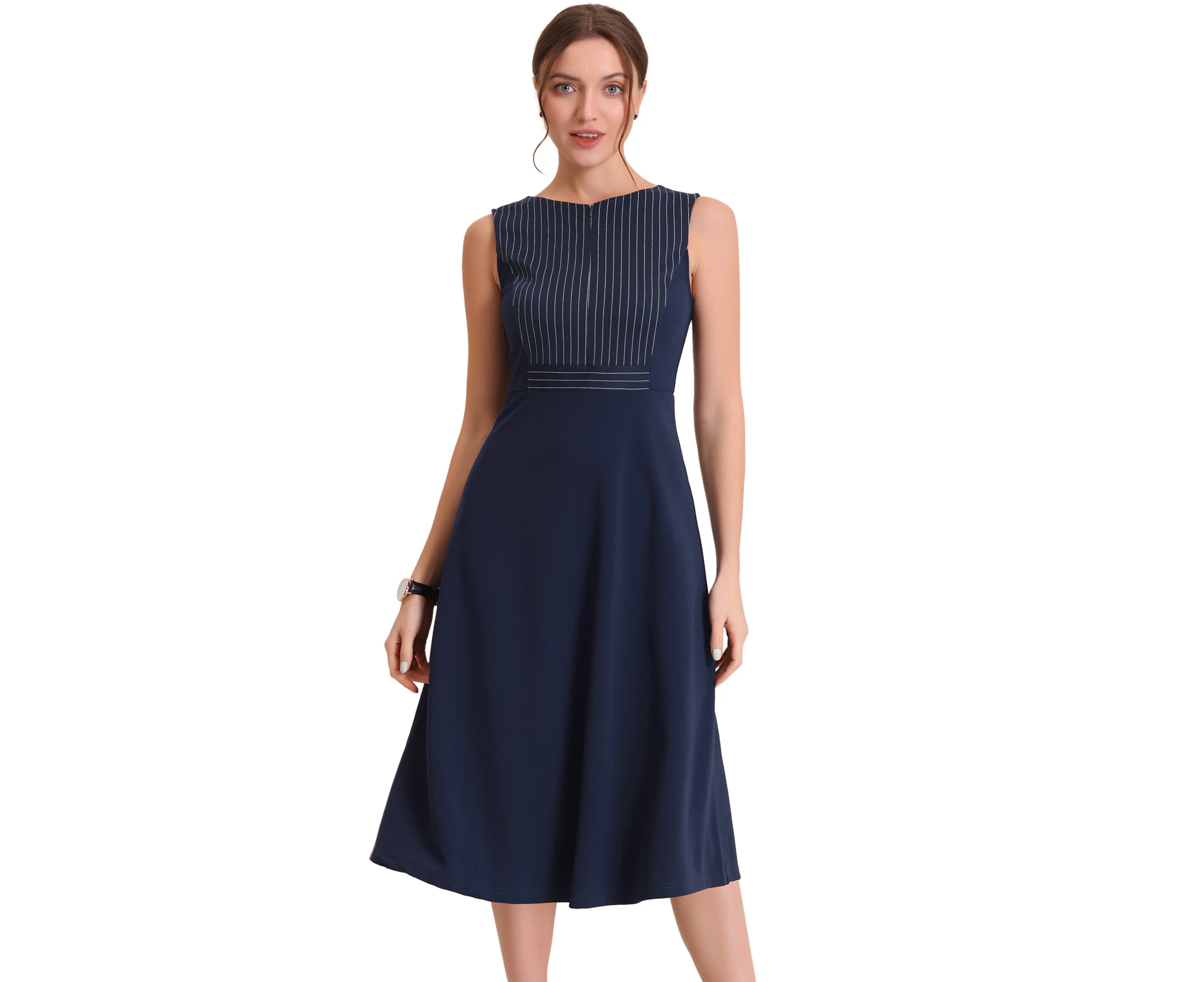 Allegra K Striped Sleeveless A-Line Midi Work Dress Dark Blue