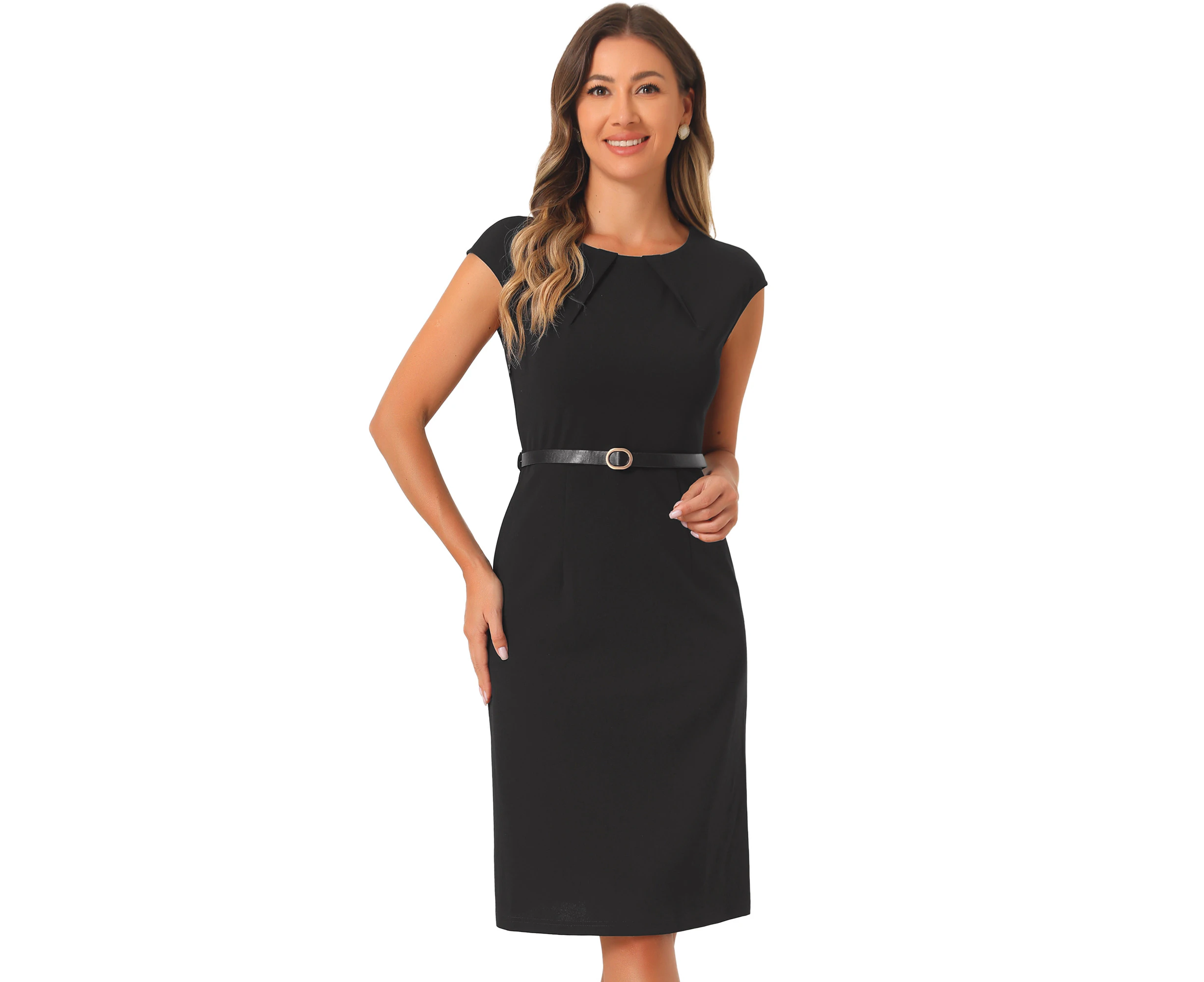 Allegra K Elegant Business Belted Work Sheath Dresses Black