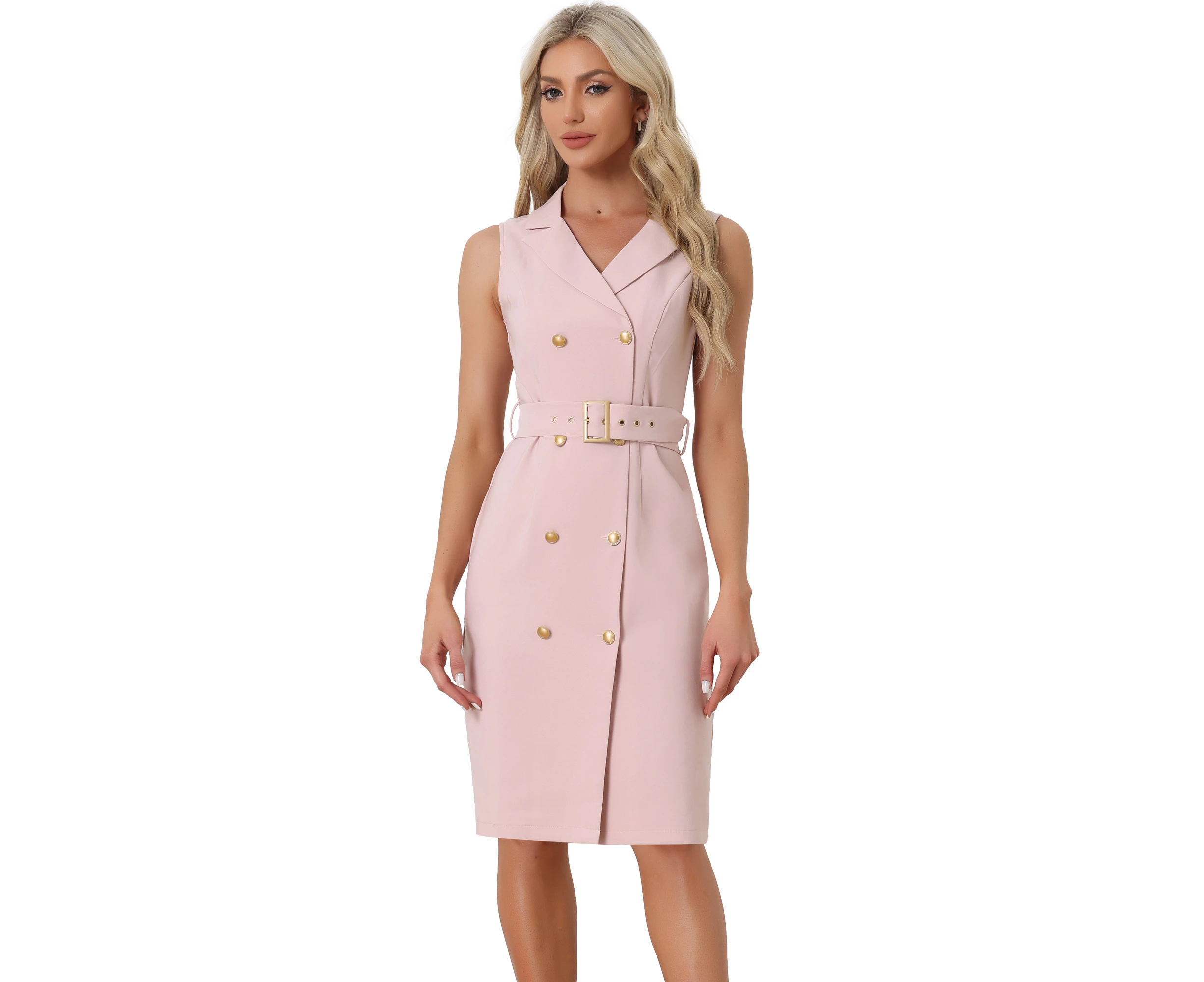 Allegra K Sleeveless elted Work Office Blazer Dress Pink