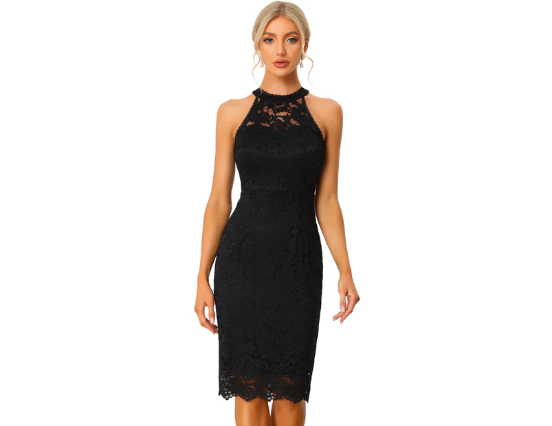 Allegra K Formal Sleeveless Wedding Guest Lace Sheath Dress Black