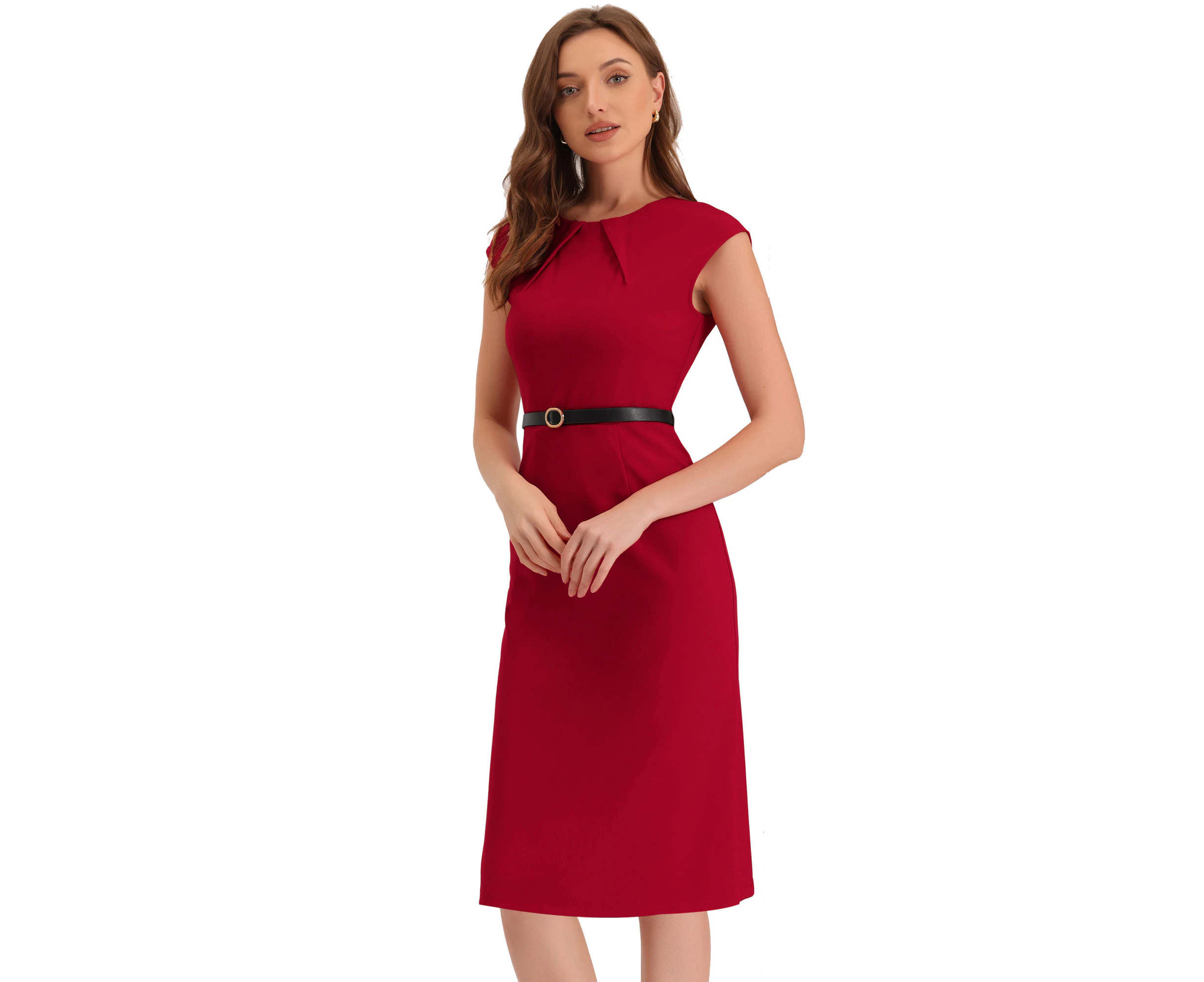 Allegra K Elegant Business Belted Work Sheath Dresses Red