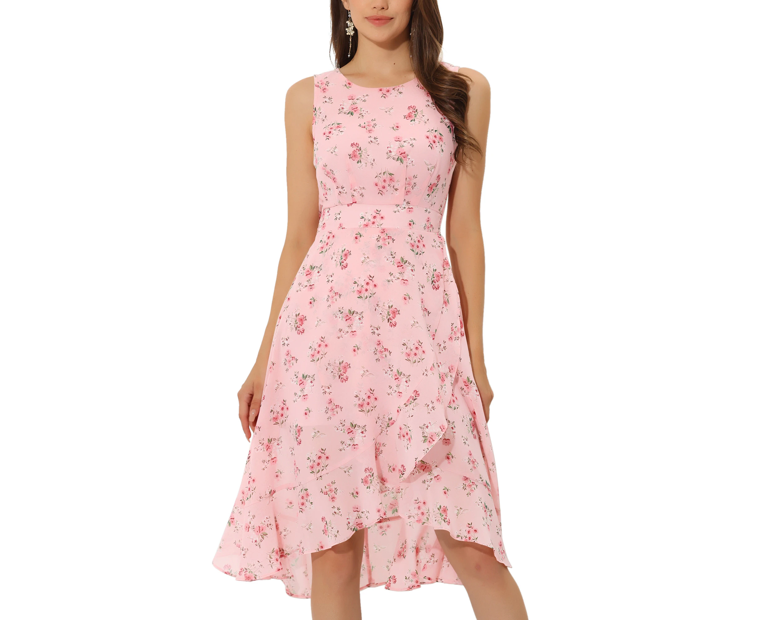 Allegra K Summer Wrap Ruffle Sleeveless Floral Dress Pink