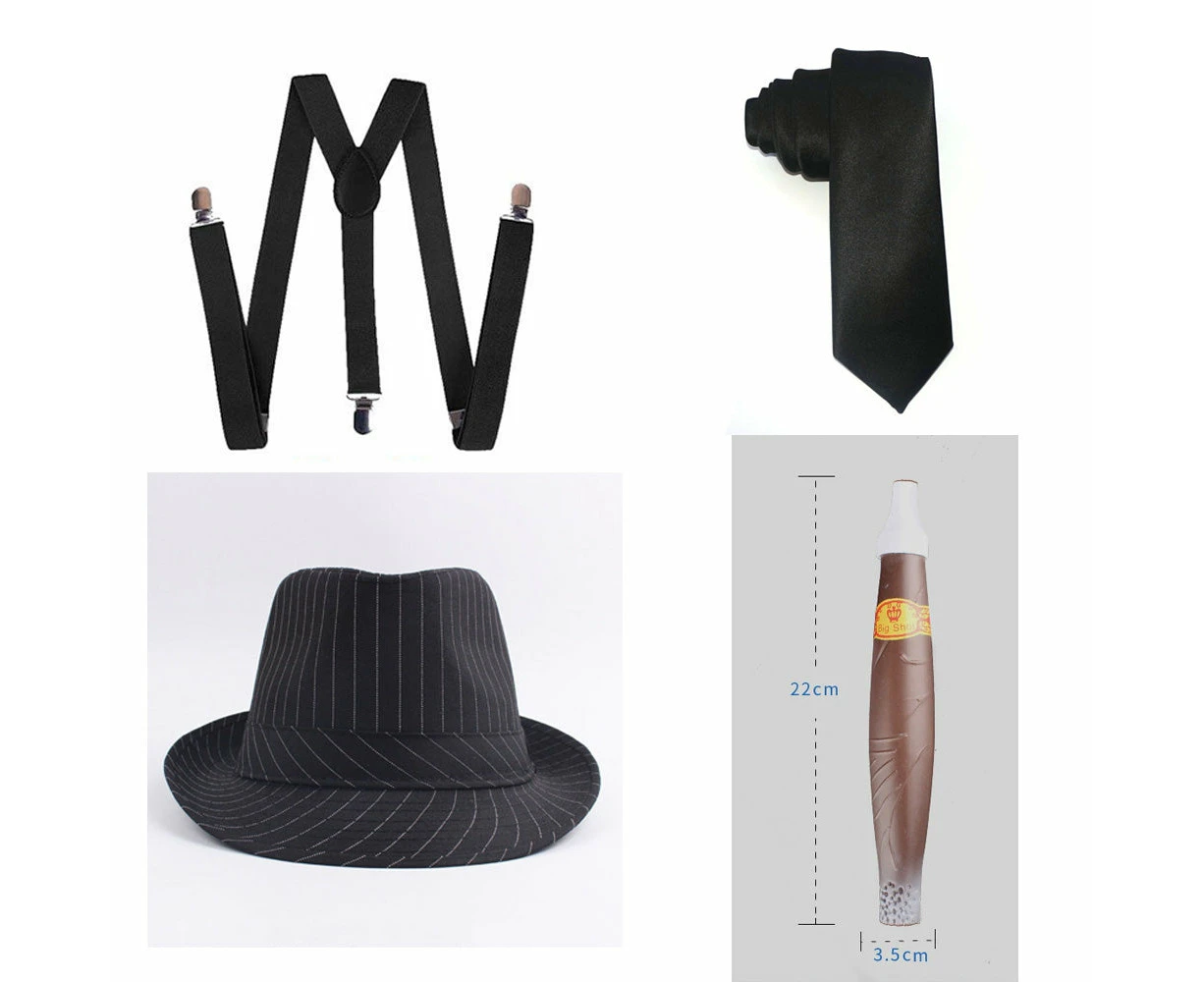 Black Mens 1920s 20s Gangster Set Hat Braces Tie Cigar Gatsby Costume Accessories