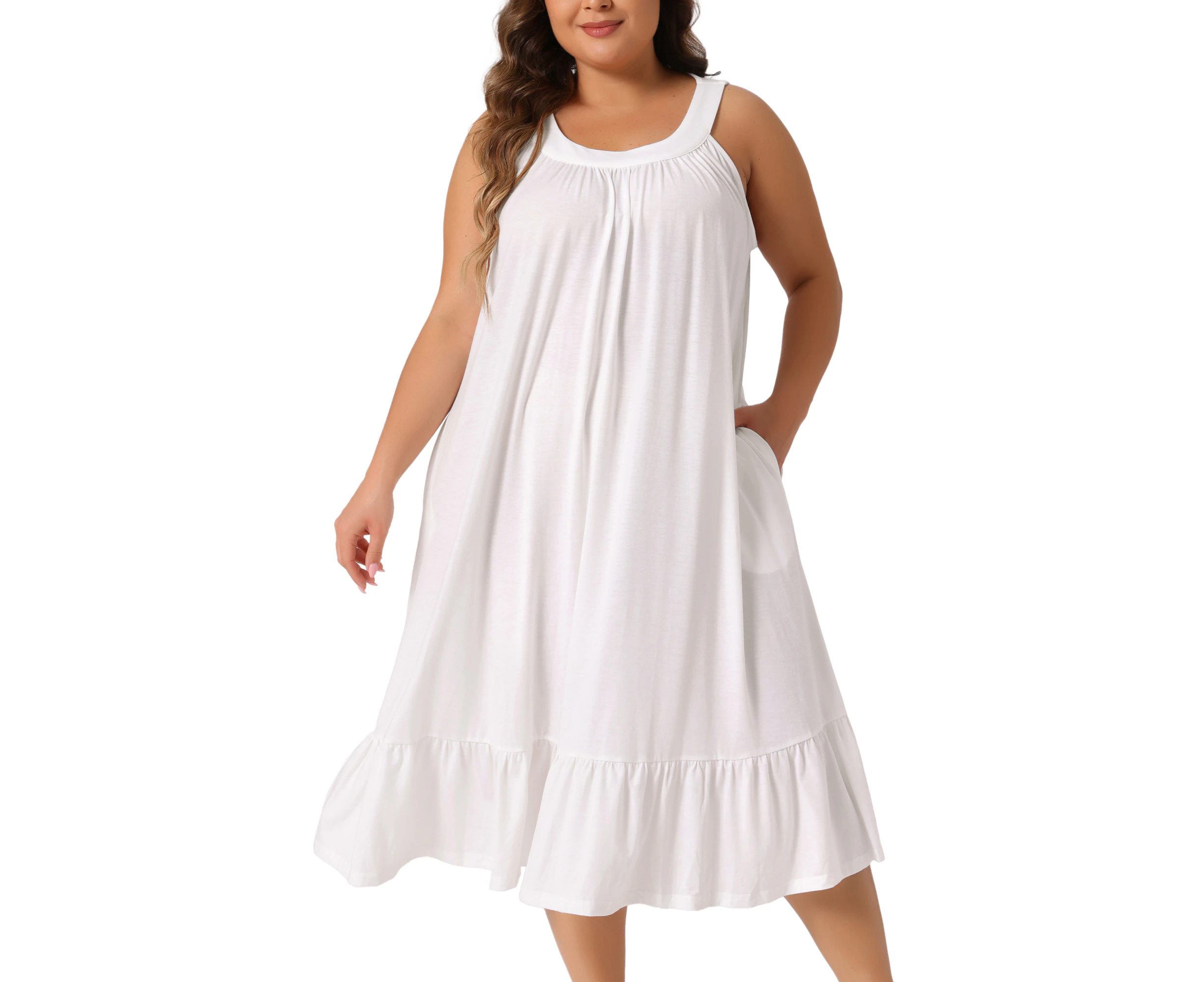 Agnes Orinda Plus Size Wide Strap Pleated Nightdress with Pockets White